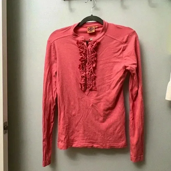 Tory Burch ruffle button long sleeve top Romilly pink coral salmon medium - Picture 6 of 13